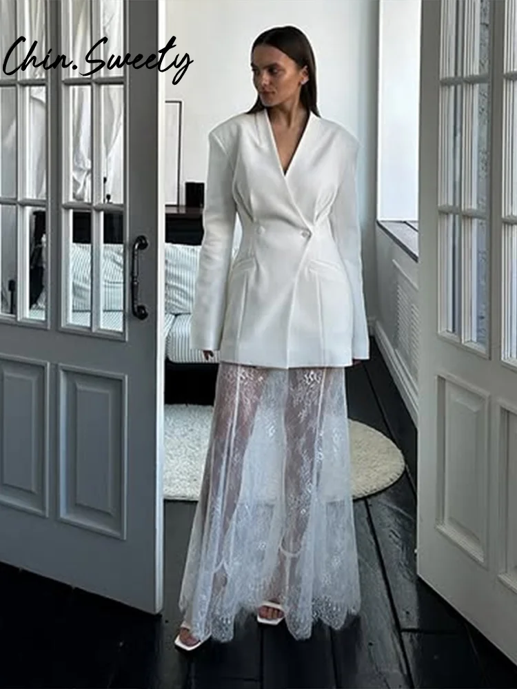 Elegant Blazer Lace Skirt Set Women Urban One Button Jacket