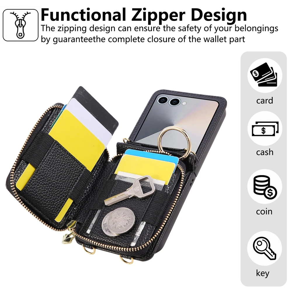 Leather Crossbody Zipper Wallet Phone Case with Lanyard and Card Pocket
