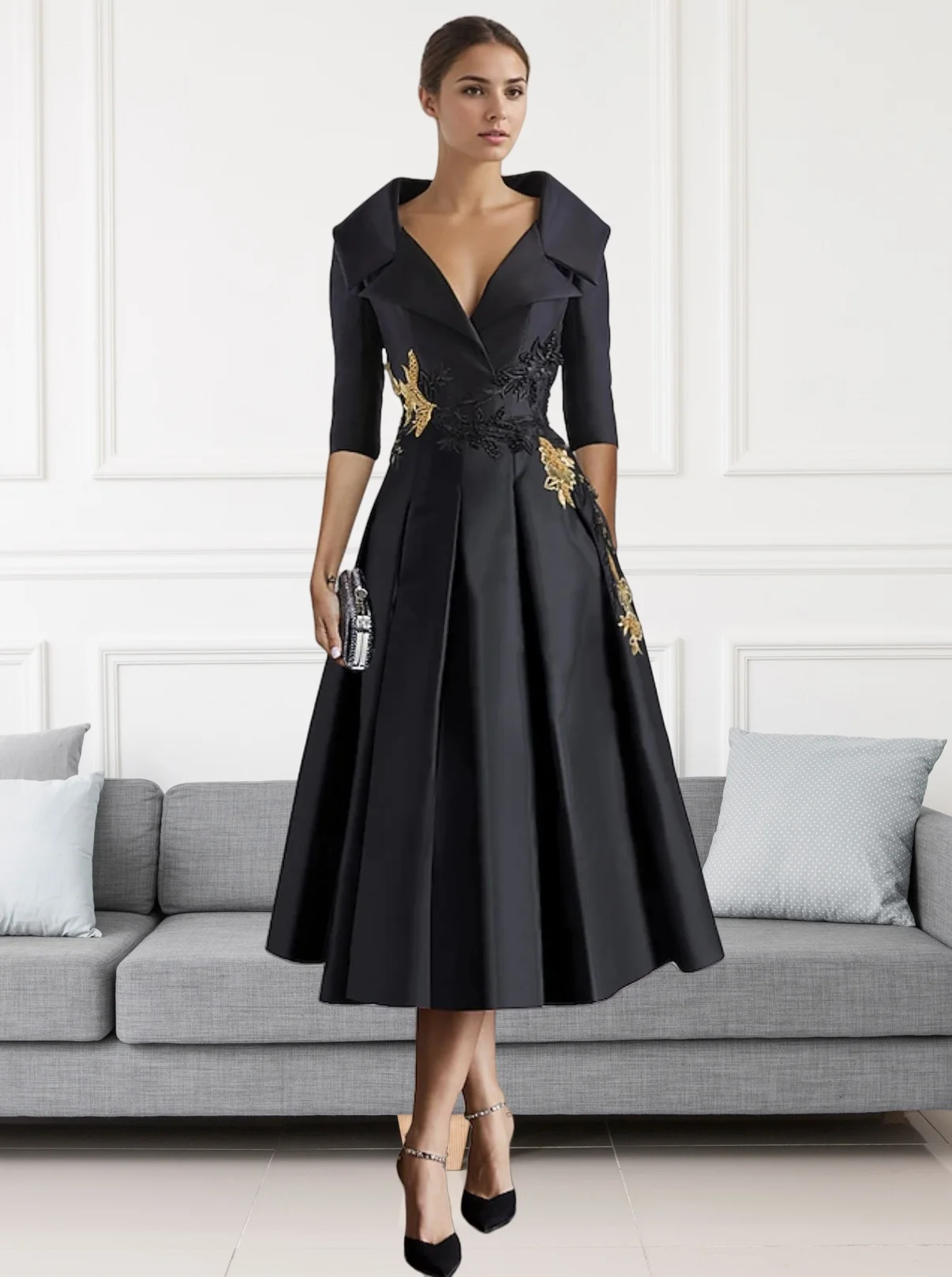 A-Line Cocktail Dresses Mother of Bride Elegant Formal Ankle Length 3/4 Length Sleeve Satin with Appliques