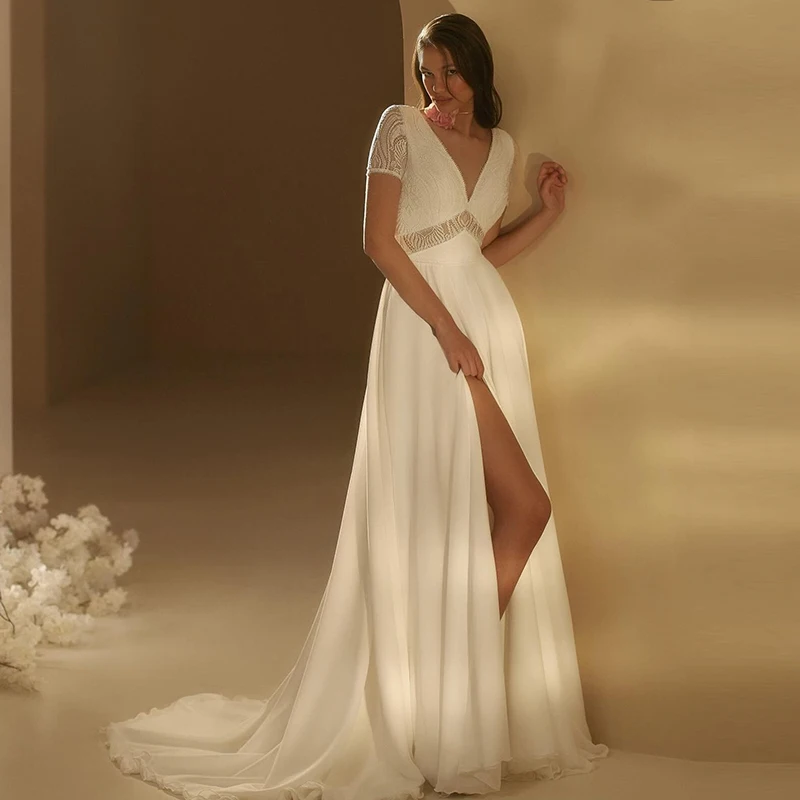 

Elegant Wedding Dress Chiffon With Lace A-Line Floor Length Ball Gown Short Sleeves V-Neck Bridal Dress Backless Robe De Mariee