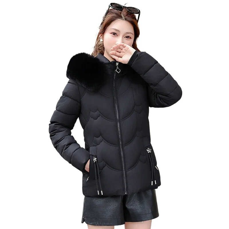 2025 New Korean Cotton-padded Clothes Women's Winter Parkas Short Coat Fur Collar Hooded Jackets Streetwear Lady Warm Slim Coats