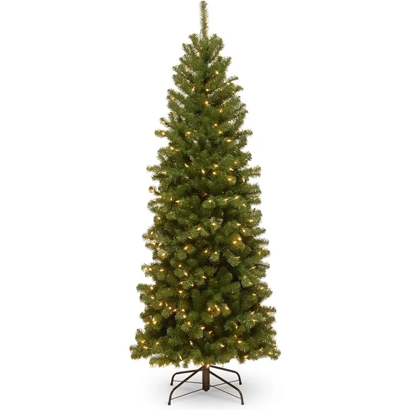 

National Tree Company Pre-Lit Artificial Slim Christmas Tree, Green, North Valley Spruce, White Lights, Includes Stand, 6 Feet