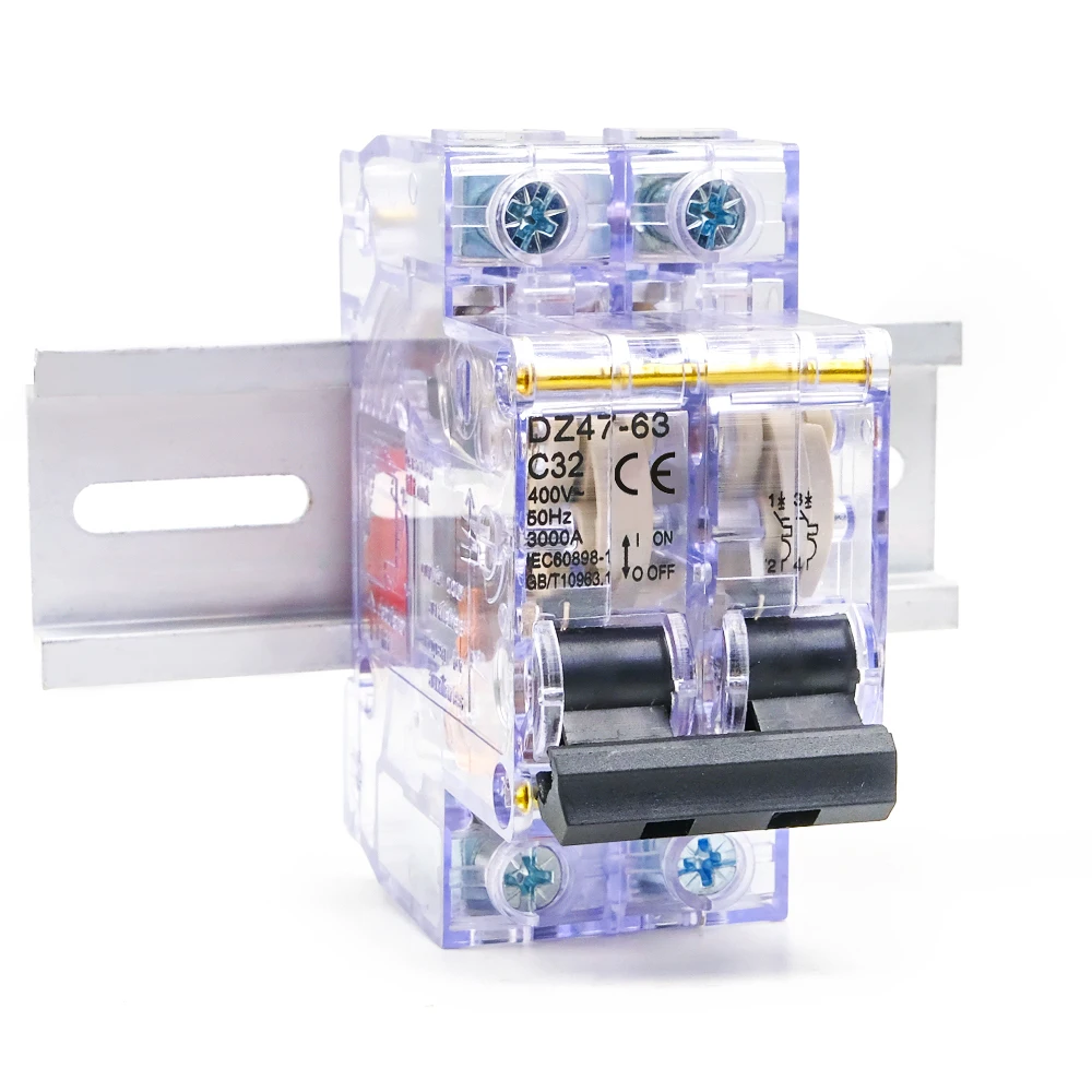 Transparent Circuit Breaker with Overload Protection, 16A-63A, DIN Rail Mount, 230V/400V, Home & Industrial Use