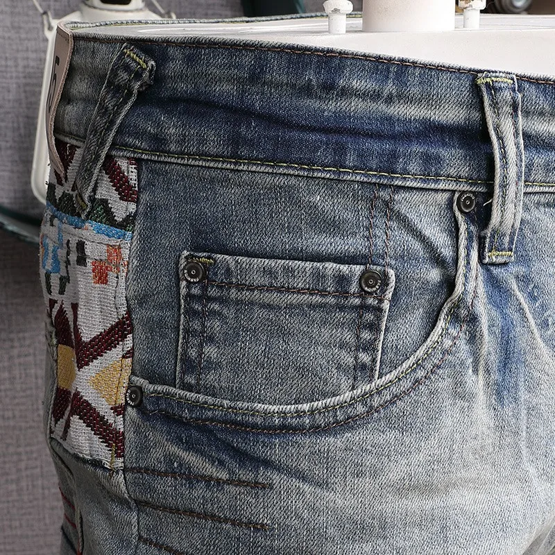 Ripped Denim Shorts Men Fashion Plaid Patchwork Short Jeans Streetwear Casual Light Blue Cotton Straight Pants