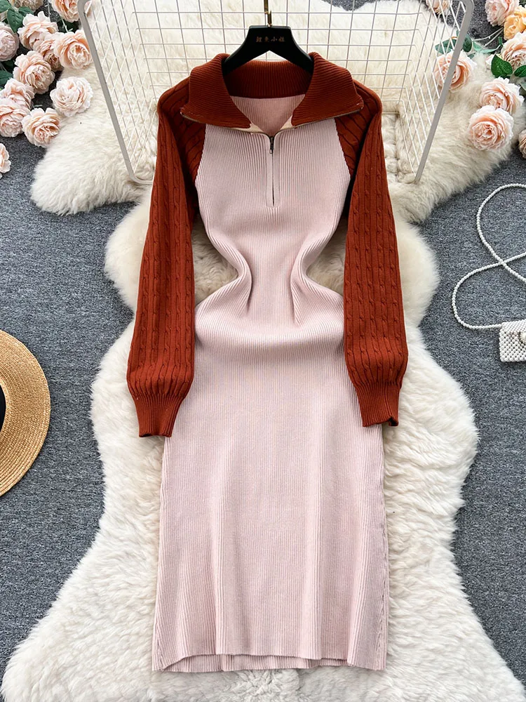 

Women Autumn Dress Korean Version Vintage Contrast Panel Zipper Neck Knit Dress Versatile Slim Mid Length Dress D5068