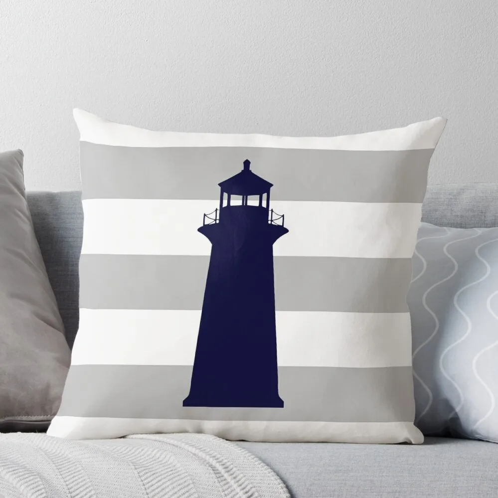 

Nautical Navy Blue Lighthouse On Silver Gray Stripes Throw Pillow christmas decorations for home 2024 Pillow Case Christmas