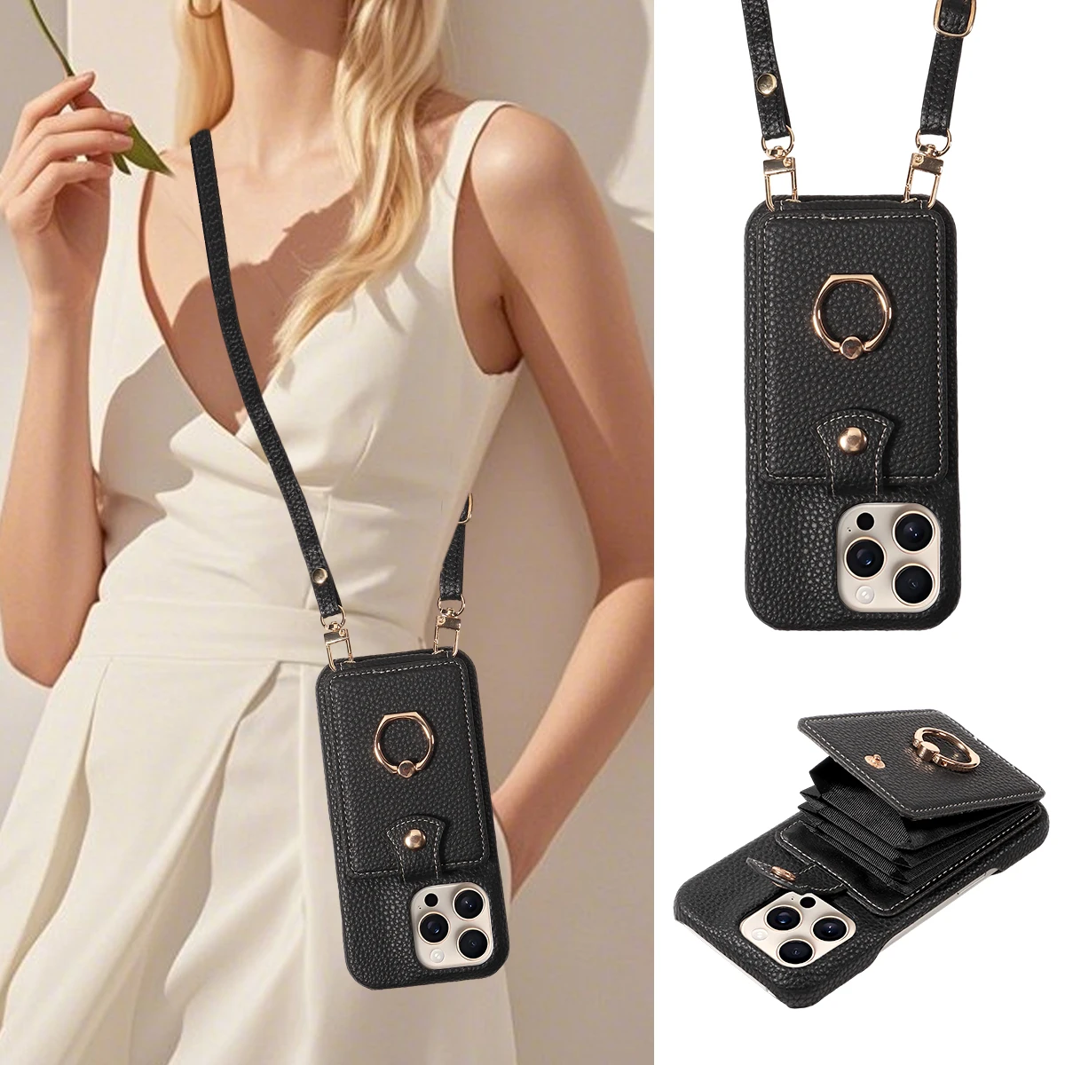 PU Leather Phone Case with Ring Holder and Card Slots - Anti-Fall Protection