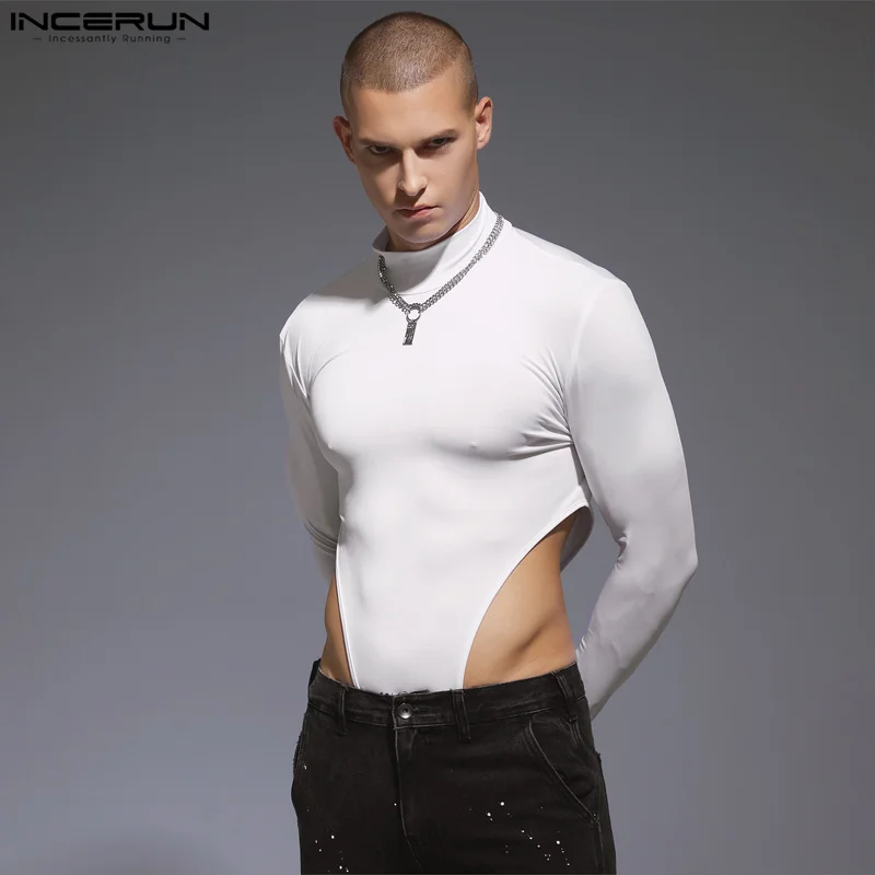 

INCERUN Men Bodysuits Solid Color Turtleneck Long Sleeve Sexy Rompers T Shirts Men Streetwear Fitness 2023 Fashion Cozy Bodysuit