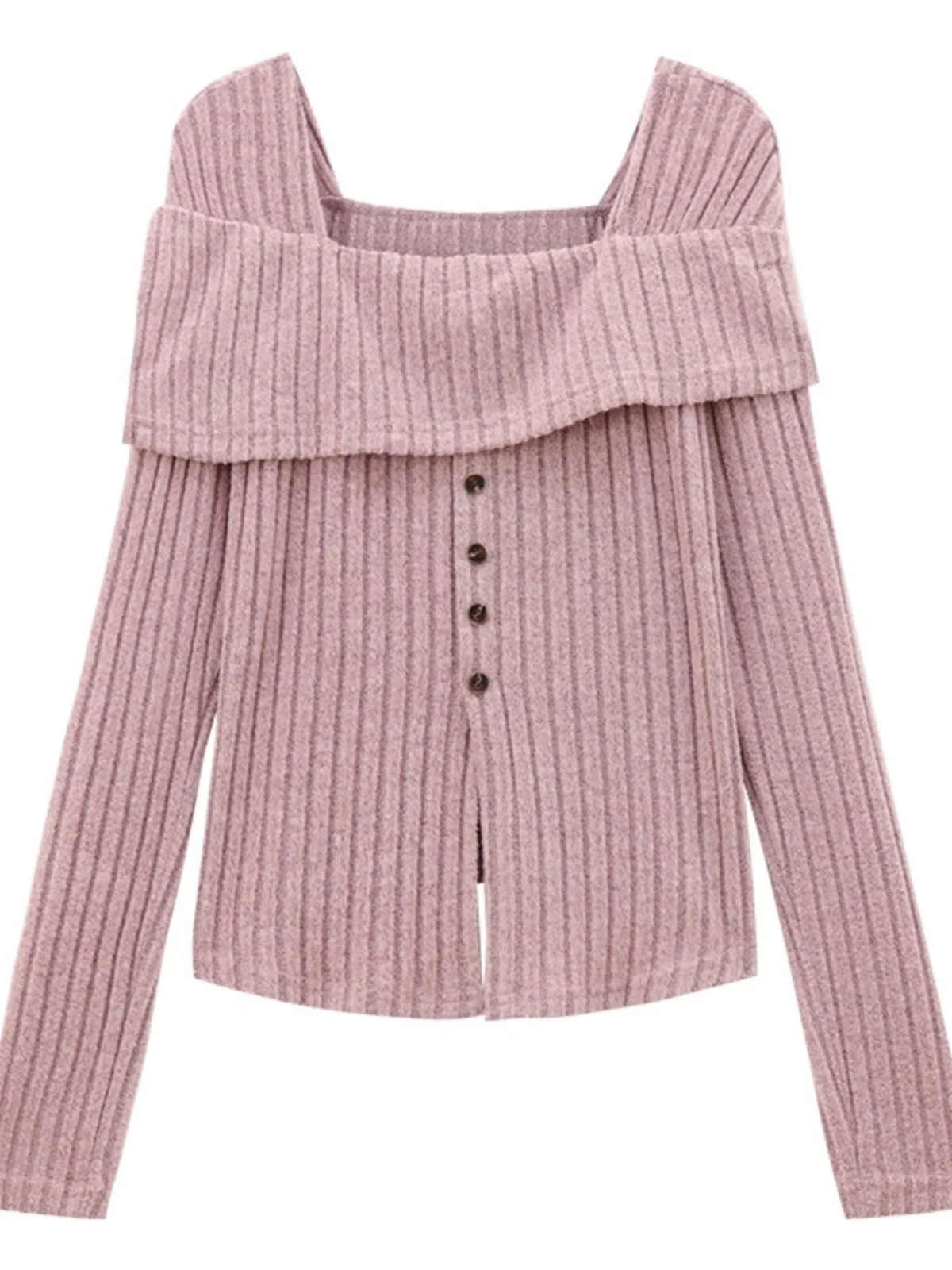 oulder Bared Long Sve Knitted Top with Single Button Square Collar for Women Autumn Winter Faion Slim Fit Base irt