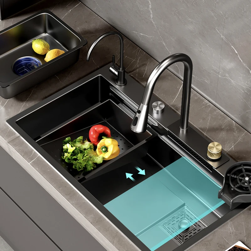 Stainless Steel Raindance Waterfall Kitchen Sink Large Single Bowl Wash Basin Sink Undercounter Topmount Faucet Drain