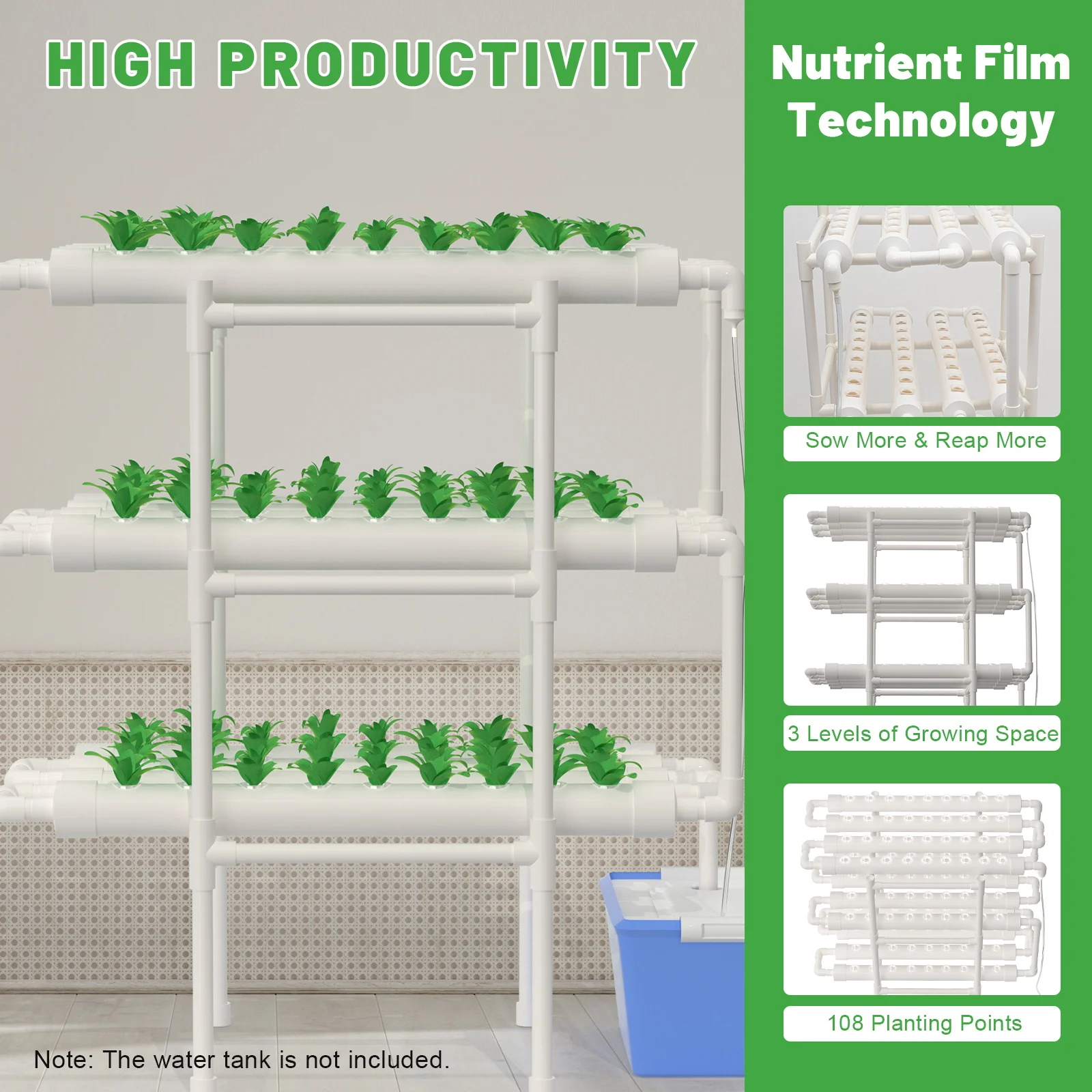 3-stöckiges Hydrokultur-Anbausystem mit 108 Seiten, vertikales NFT-Gartenset aus PVC für Kräuter, Salat, bodenfrei, für den Innen- und Außenbereich – Detail 2