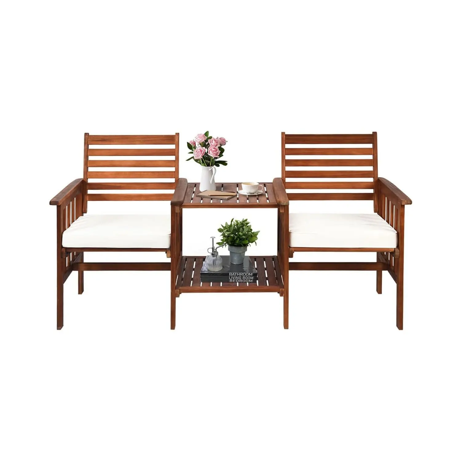 Juego de relajación de jardín de madera de Acacia, sillas de 2 asientos para terraza, patio, salón y balcón, 3 piezas