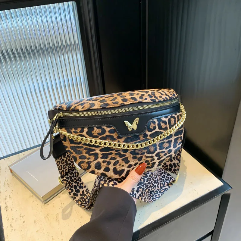 Leopard Print Waist Bag for Woman Fashion Chain Fanny Pack Phone Purse Shoulder Crossbody Bags Lady Chest Bag