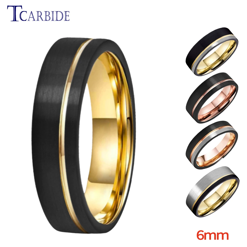6MM Multicolor Tungsten Wedding Band for Men Women Black Gold Color Offset Grooved Brushed Fashion Gift Jewelry Comfort Fit
