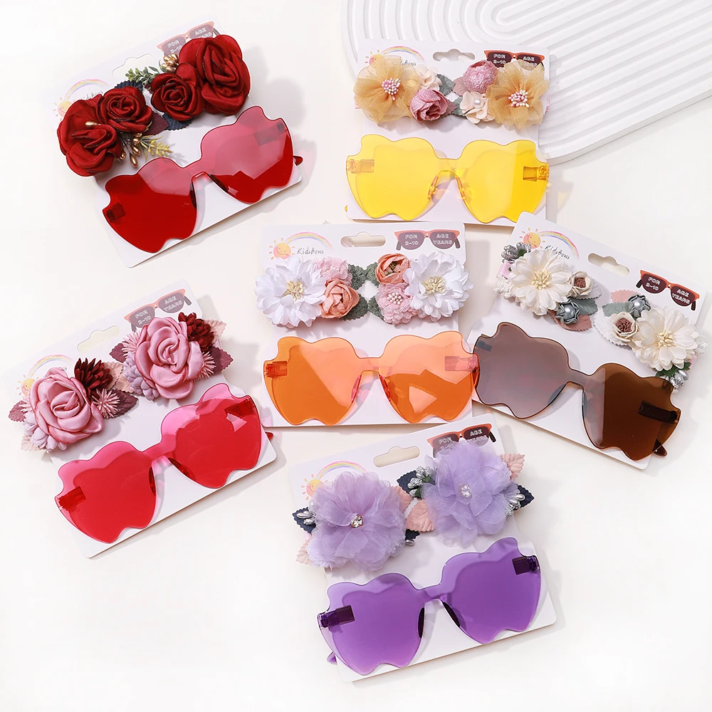 3Pcs/Lot Handmade Artificial Flower Hairpins Sunglasses For Kids Baby Girls Vintage Geometry Glasses Headwear Hair Accessories newborn baby girls photography props paiting set outfits artificial flowers vintage studio shooting accessories photo props