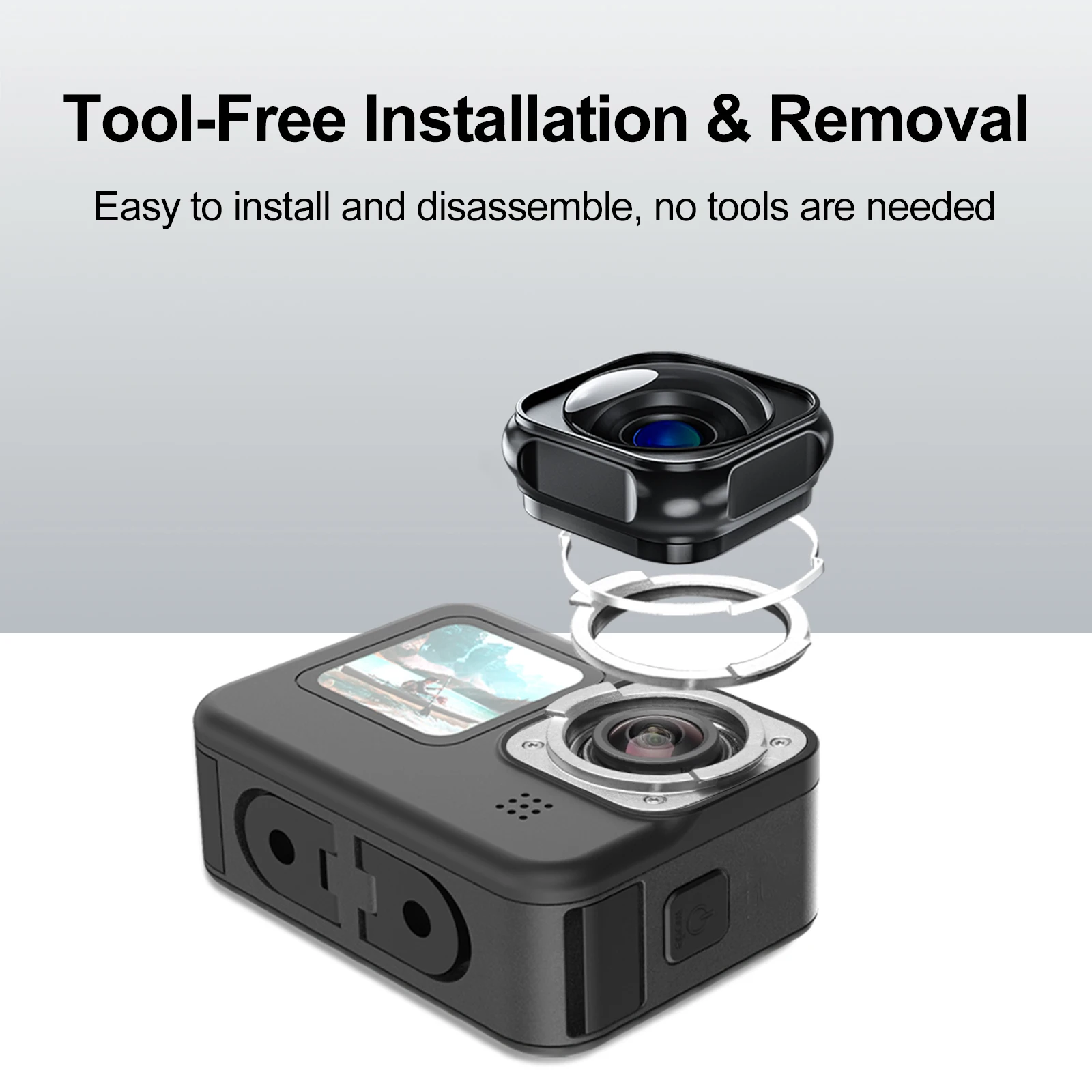 Max Lens Mod pour GoPro installé sur une GoPro, capturant un paysage vaste avec une netteté parfaite grâce à la stabilisation d'image.