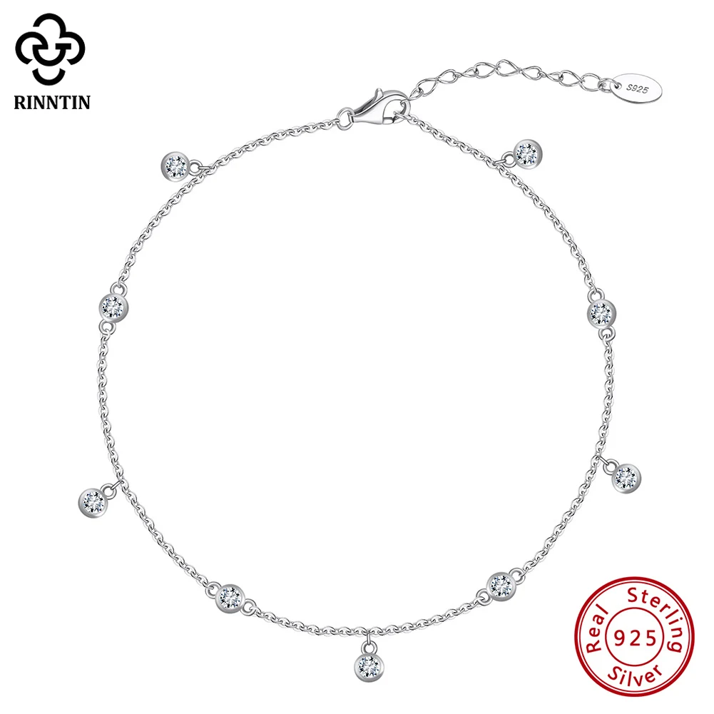 Silver Anklets Rinntin Genuine 925 Sterling Silver Brilliant Cubic Zirconia Anklet for Women Adjustable Summer Foot Chains Jewelry SA70