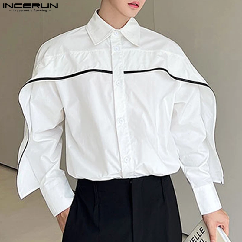 

INCERUN Tops 2023 Korean Style Handsome Men's Cut Color Contrast Design Shirts Fashionable Leisure Patchwork Lapel Blouse S-5XL