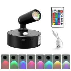 Rechargeable Cordless Motion Sensor LED Night Light with Remote Control and Touch Dimmable Magnetic Spotlight (Black RGB)