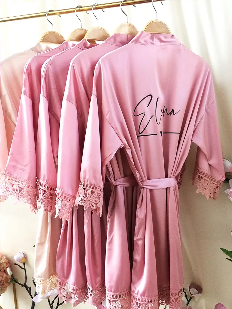 

Dark Rose Floral Trim Robes Personalization Lace Sleeves Kimonos Bachelorette Party Nightgown Stunning Champagne Bridesmaid Gown