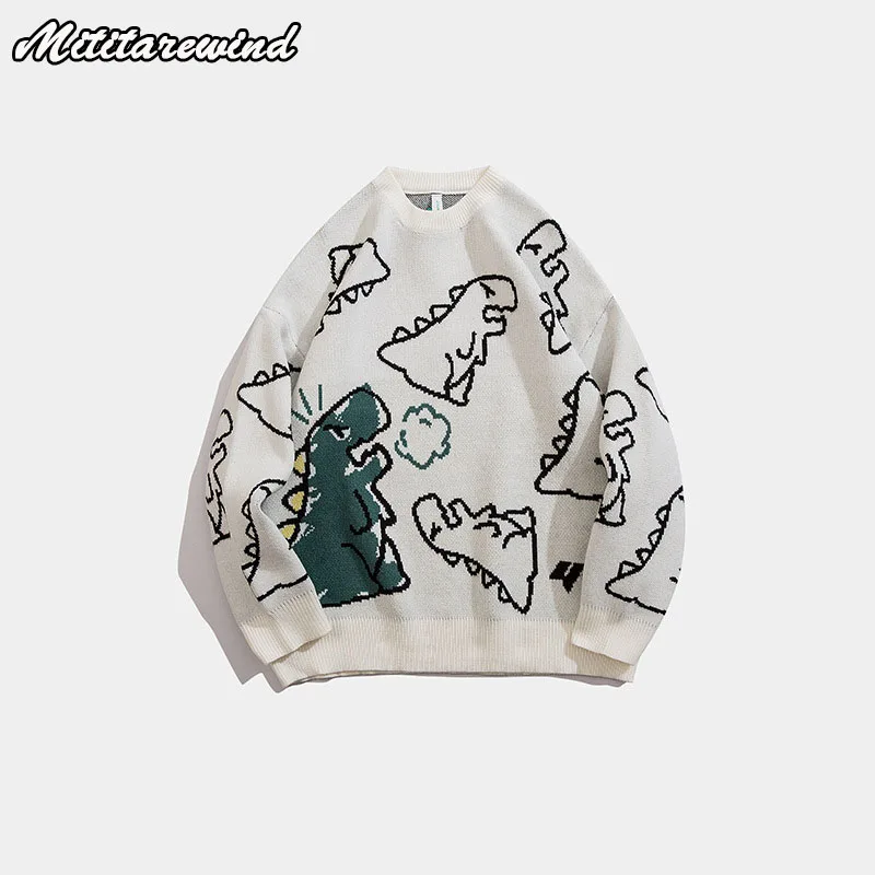 

Cartoon Loose Sweater Men's Fashion Autumn and Winter New InS Japanese Dinosaur Couple Knitted Bottom Loose T-shirt Round Neck