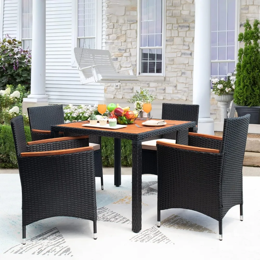

Outdoors DiningTables Chairs Set, Patio Set with Acacia Wood Top, Rattan Dining Table and Chairs, Outdoor Garden Furniture Sets