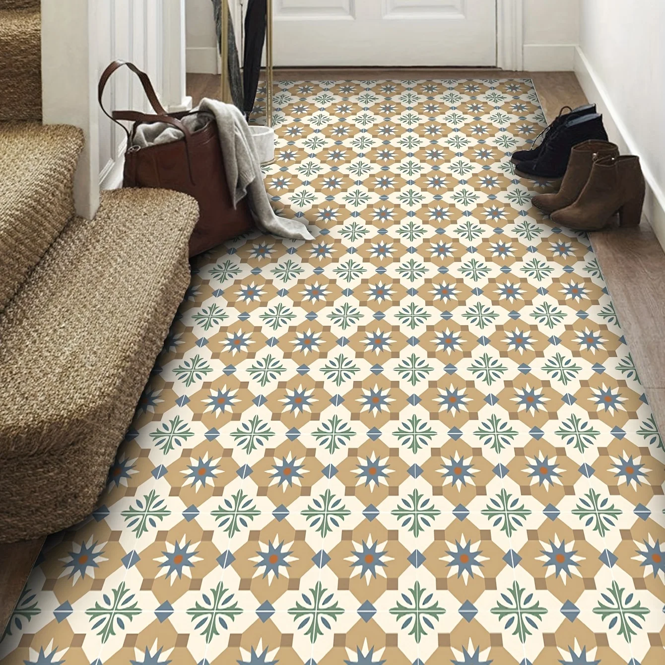 Floor stickers 9PCS Moroccan style printing thickened waterproof for home living room kitchen and bathroom wall