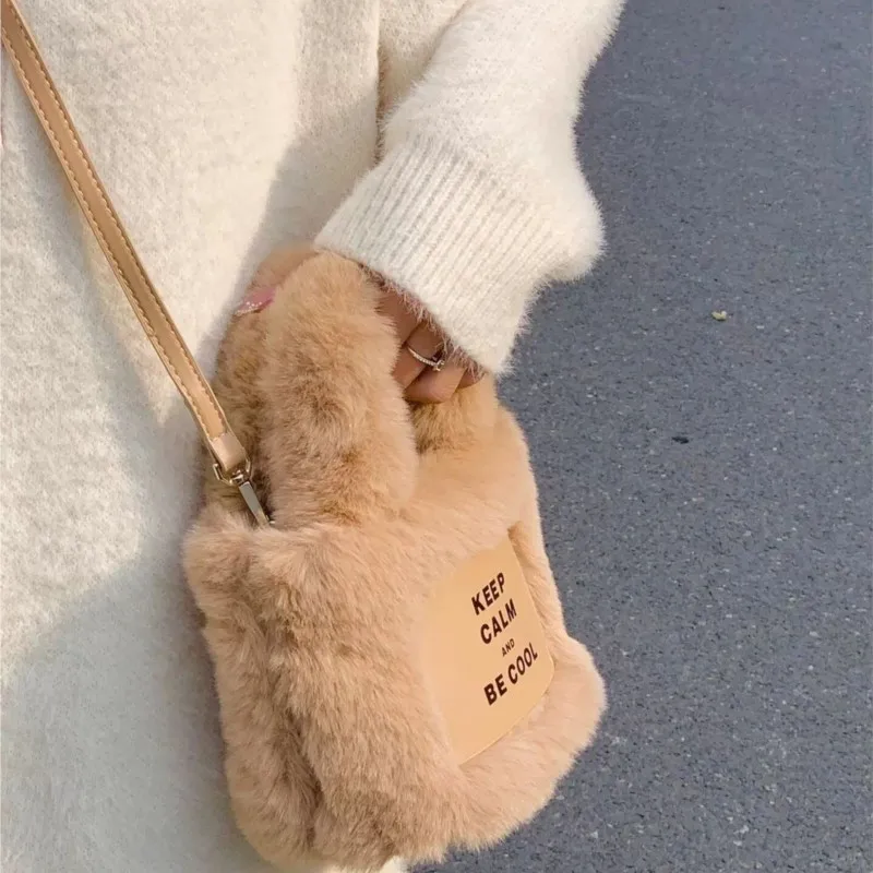 JIAERDI Fashion Brown Plush Bucket Bag Women Letter Panel Cloth Handbag Ladies Premium Soft Minimalist Crossbody Shoulder Bags