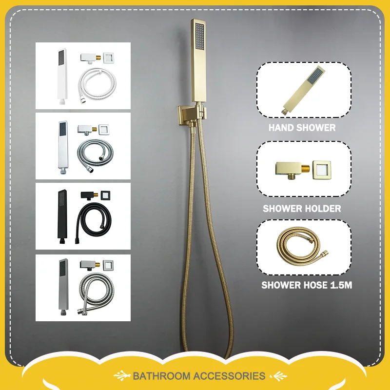 Brass Square Hand Shower Chrome/Black/Gold/Grey/White Wall-Mounted Hand Shower Head With 150CM Shower Hose Metal Bracket
