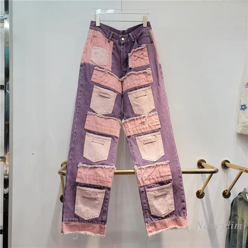 American-Style Purple Retro Personalized High Street Niche Multi-Pocket Washed Distressed Raw Edge Denim Pants Women's Jeans