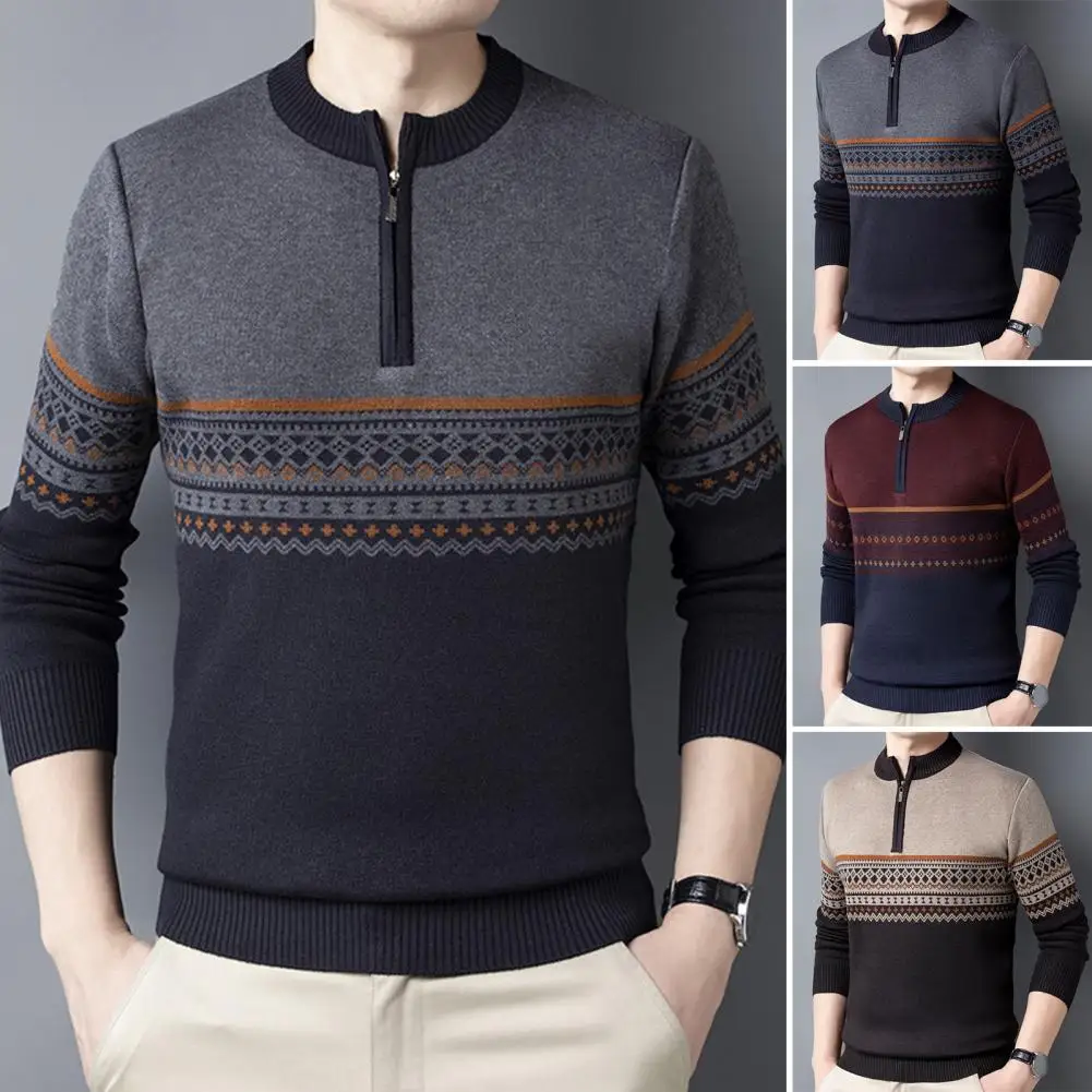 Men Color Block Sweater Vintage Striped Knitted Men's Sweater with Zipper Decor Crew Neck Thick Warm Pullover for Winter Fall