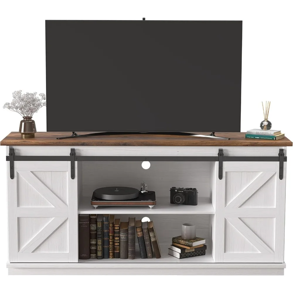 

JUMMICO Farmhouse TV Stand up to 65 Inches, Mid Century Modern Entertainment Center with Sliding Barn Doors and Storage