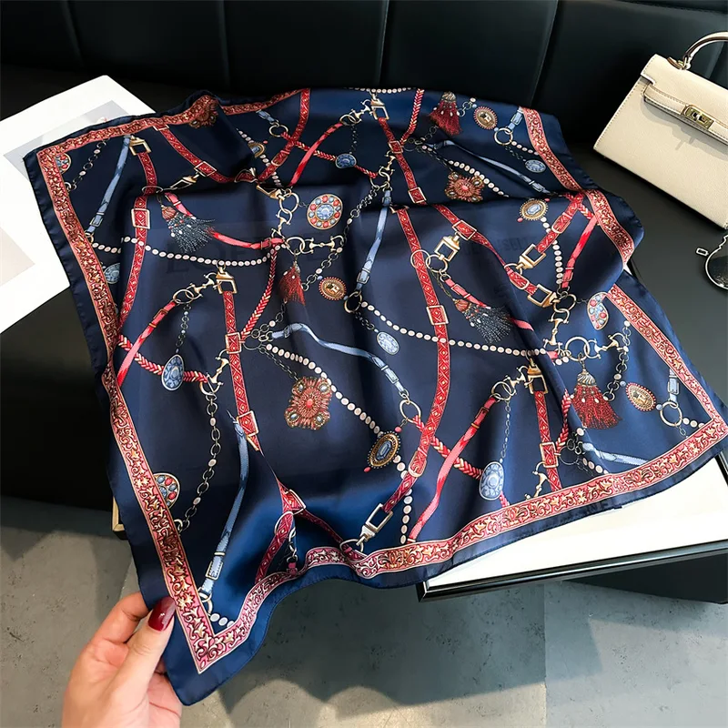 Luxury Chain Print Small Square Scarf Simulated Silk Thin Neck Scarf Fashion Sunscreen Headscarf For Women 70x70cm