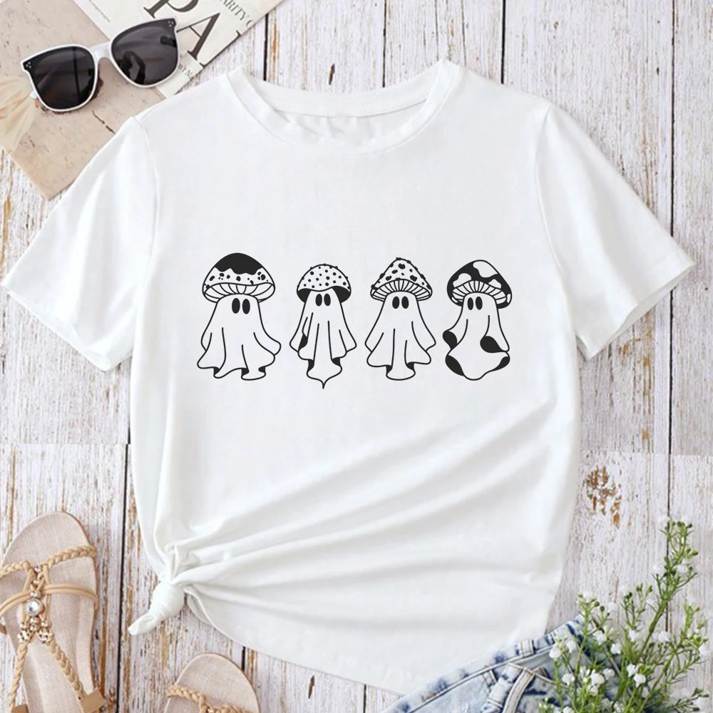 

Ghost Mushroom Halloween T-shirt Cottagecore Print Mushroom Moon Witchy T-Shirt Women fashion round Neck Casual vintage tee tops