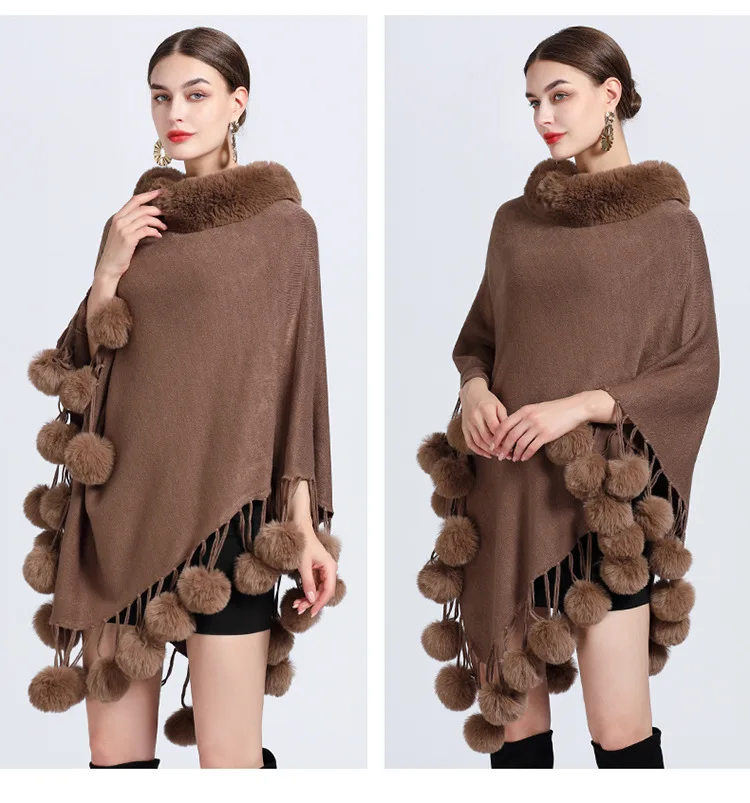 Description Picture 6 of item5 Colors Women Loose Poncho Bottom Pompon Cape Winter Warm Faux Rabbit Fur Neck Cloak Out Street Pullover Shawl Streetwear