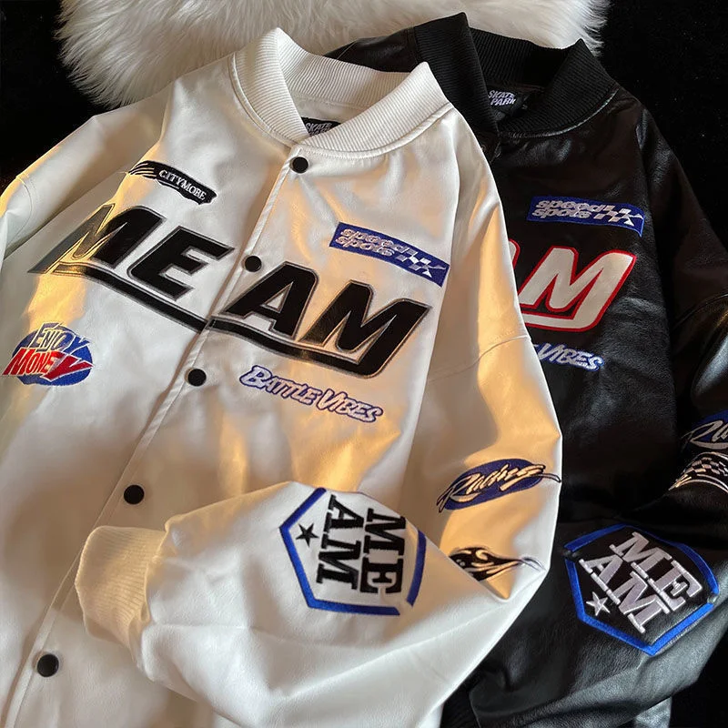 

Embroidered letter PU leather jacket women's 2022 motorcycle clothing vintage loose couple baseball uniform jacket women y2k top