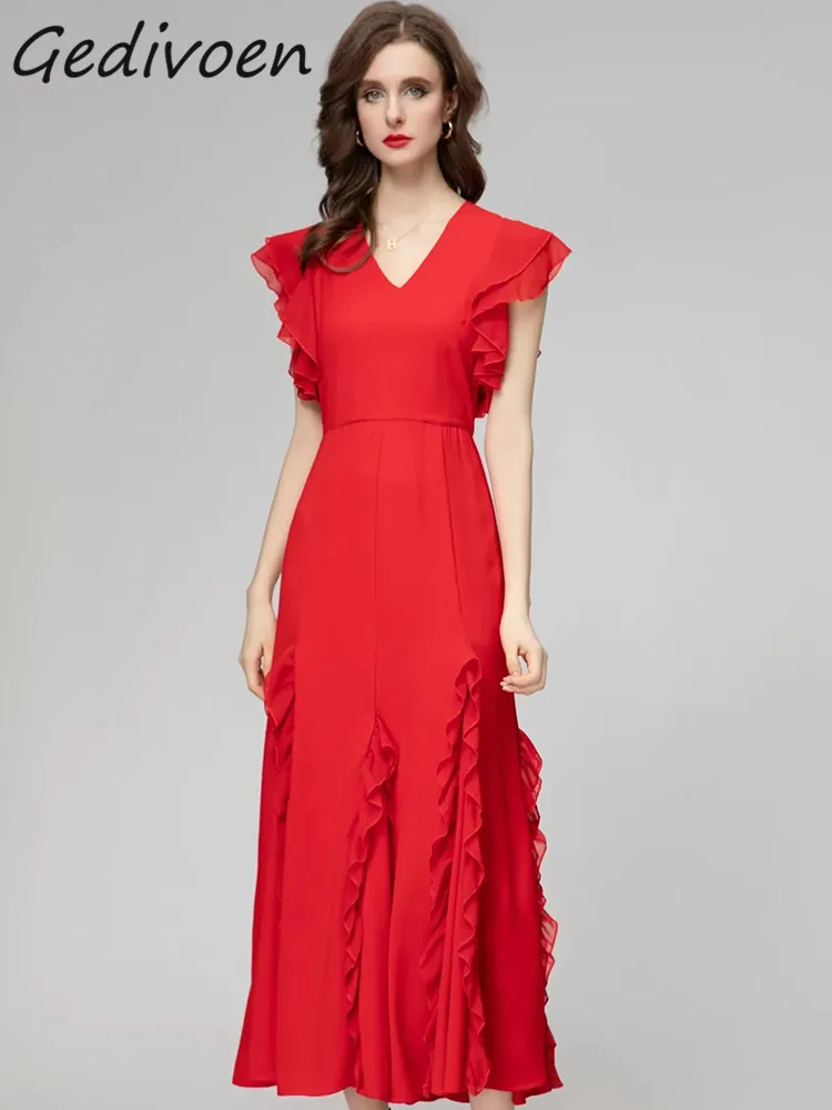 

Gedivoen Spring Fashion Designer Red Vintage Party Dress Women's V Neck Short Sleeve Ruffles High Waist Slim A-LINE Long Dress