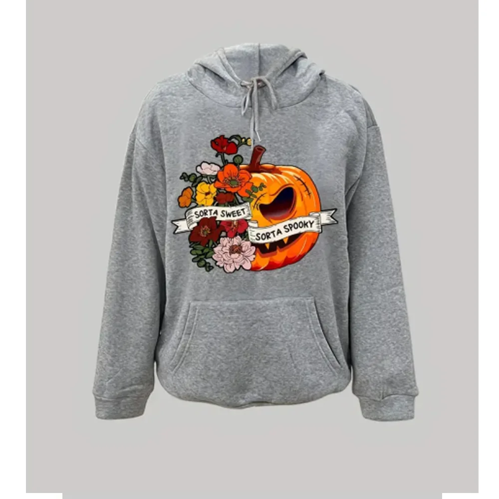 

Halloween Sweatshirt Women's Plus Floral & Letter & Pumpkin Print Hooded With Pockets Long sleeve Patterned Hoody Sweatshirts