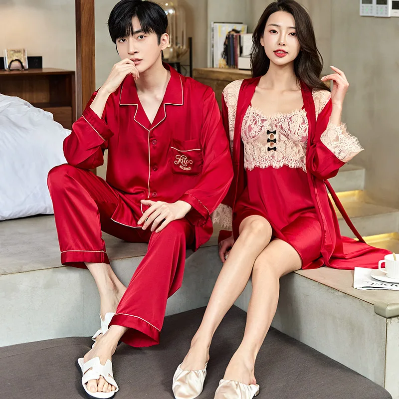 

Sleepwear Couple Pajama Burgundy Satin Lace Pyjama 2 Piece Set Pijama Long Sleeve Loungewear Wedding Nightwear