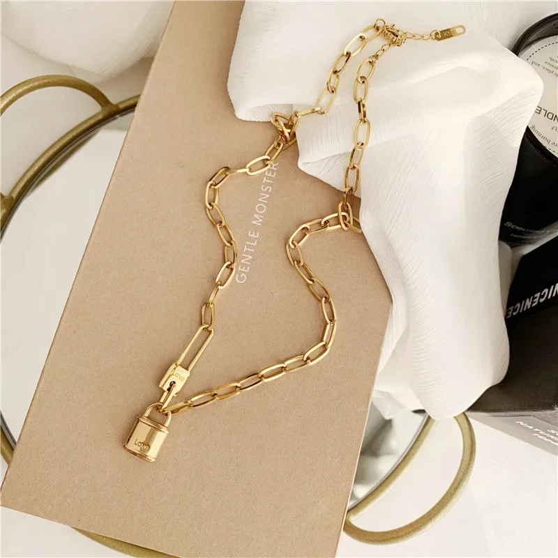 Stainless Steel Letter Love Lock Pendant Thick Chain Necklace for Women Men Gold Silver Color Charm Jewelry Wholesale 5