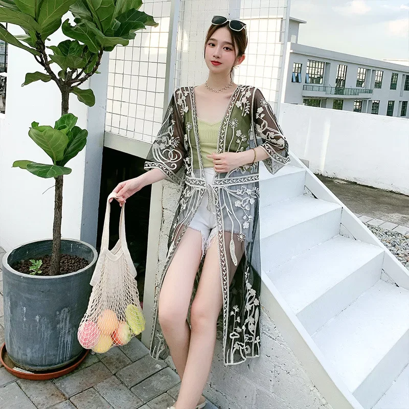 여성용 아마존 크로스 보더 레이스 면 자수 가디건, 중간 길이 자외선 차단, 비키니 비치 아우터, 따뜻한 오토바이