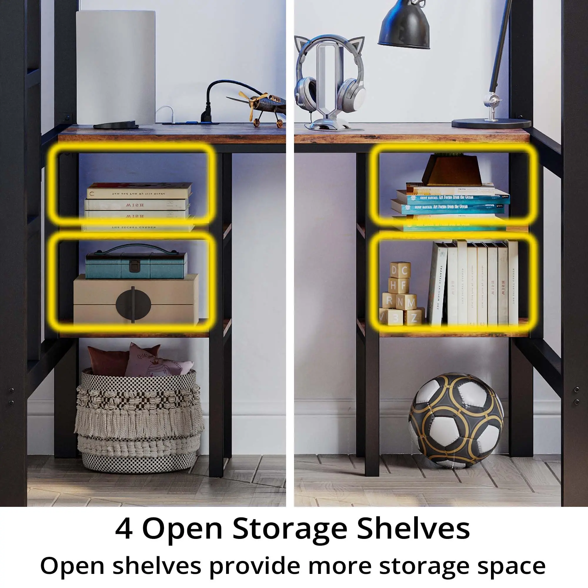 ANCTOR Loft Bed Twin Size with Desk and 4 Storage Shelves, Metal Loft Bed Frame with Power Outlet and LED Lighted, Black