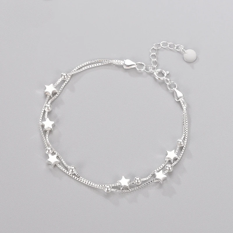 

925 Sterling Silver Charm Link Bracelet with Stars and Beads for Women Jewelry Gift for Teen Girls - Adjustable Length 20cm