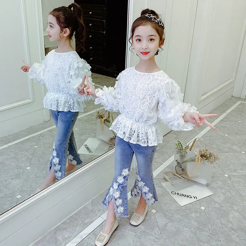 

Girls Clothing Set Teen School Spring White Lace 3D Flowers Top + Flare Jeans Kids Elegant Tracksuit for Girls 6 8 10 12 13Years