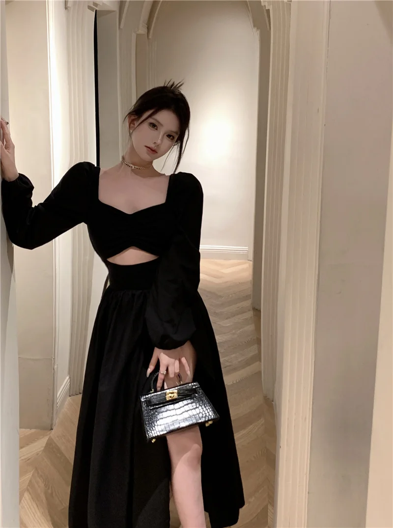 Elegant Black Long Dresses for Women Long Sleeve Square Collar Hollow Out High Slit Evening Party Dress Prom Robe Vestidos Mujer