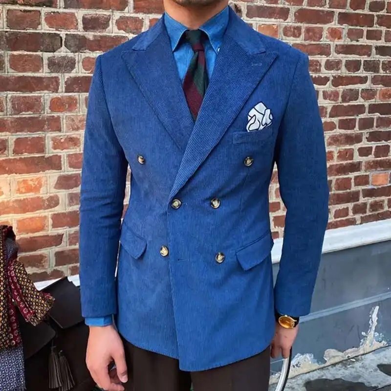 Autumn Winter Italian Men Corduroy Blazer Luxe Slim Fit Double Breasted Groom Suit Jacket Wedding Dinner Prom Tuxedo Coat
