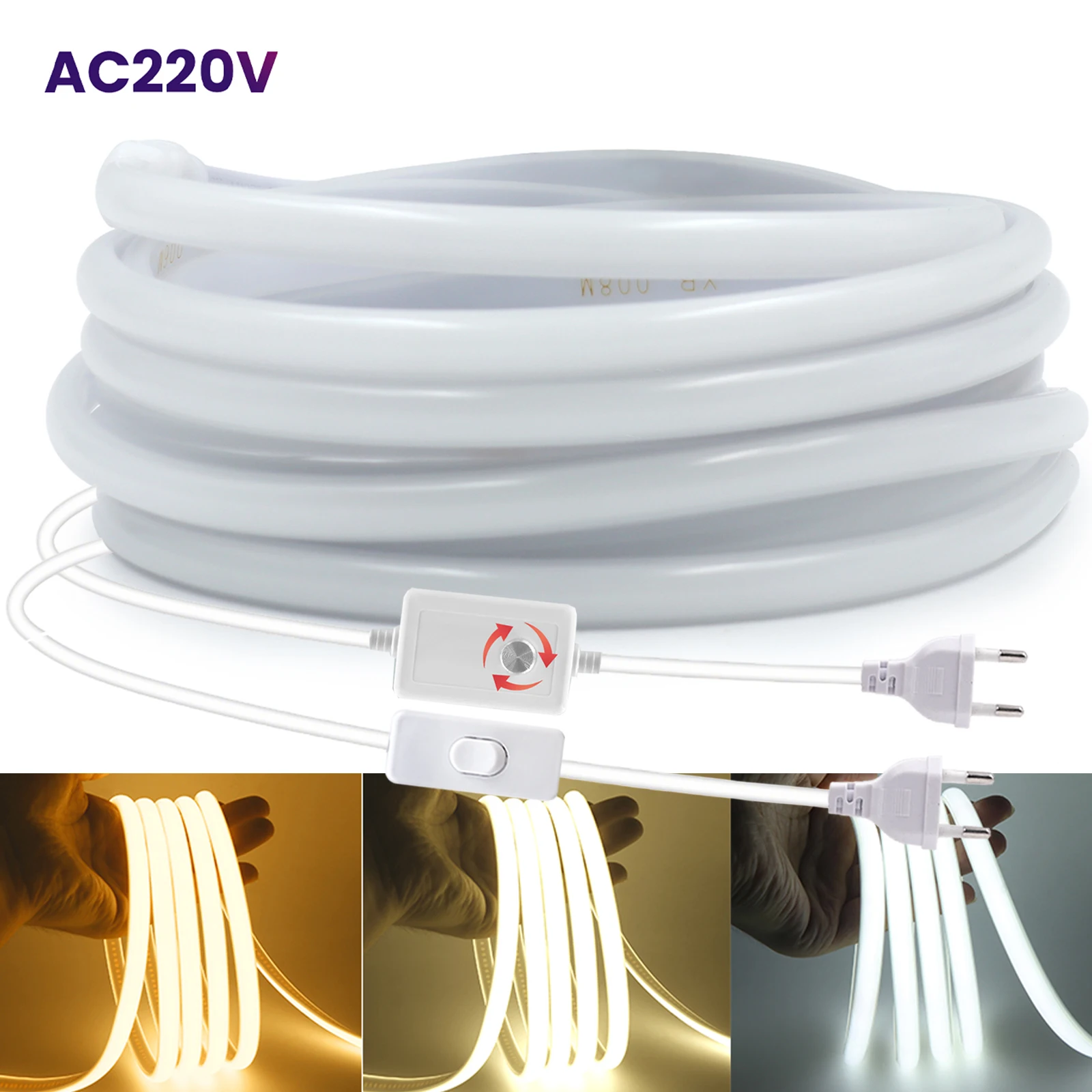 220V 디밍 가능 COB LED 스트립 라이트 288 LED/M 디머 스위치 ON..