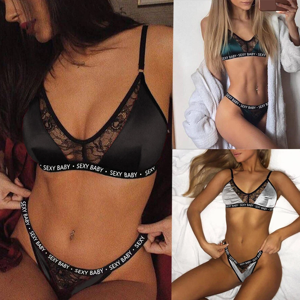 Intimate sensual Lingerie Woman Letter Printed Thongs Bikini Underwear Set Women Lace Hollow Out Brief Panties Push Up Bra Sets bra and underwear set