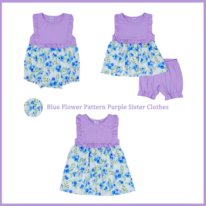 

Boutique Summer Baby New Sleeveless Set Round Neck Girl Purple Top Clothes And Shorts With Blue Floral Print Sister Romper Ropa