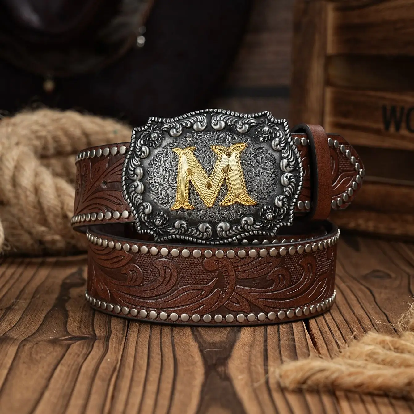 Western Cowboy PU Leather Belt - Men Waist Strap Bull Decoration Floral Engraved for Jeans